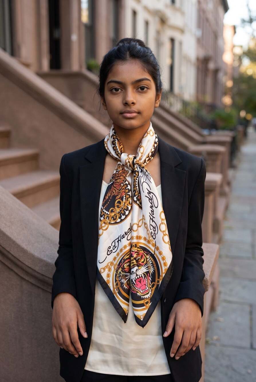Ed Hardy Tiger and Chain Print Square Scarf O/S
